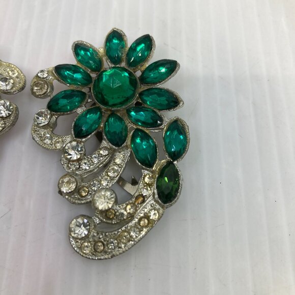 Vtg 1940s CORO pewter green flowers rhinestone fur dress clip brooch - Picture 2 of 4